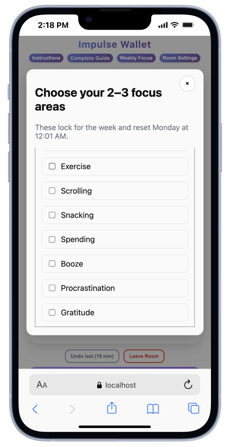Weekly focus picker modal showing checkboxes for various focus areas like Eat Healthy, Exercise, Scrolling, etc., with custom area input field