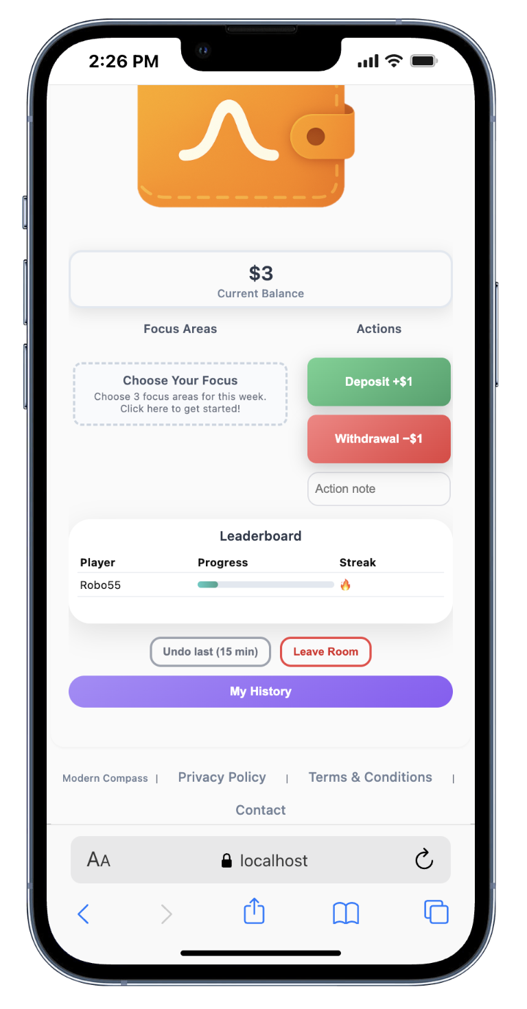Room leaderboard showing member rankings with balances, streaks, and current position highlighted